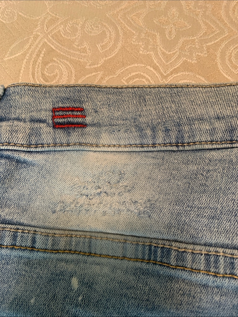 Men's Light Blue Distressed Denim Shorts with Embellished Graphic - Picture 9 of 9